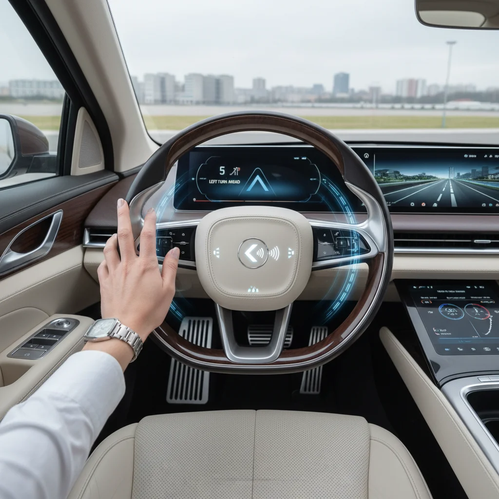 Driver's hand on haptic steering wheel in autonomous car