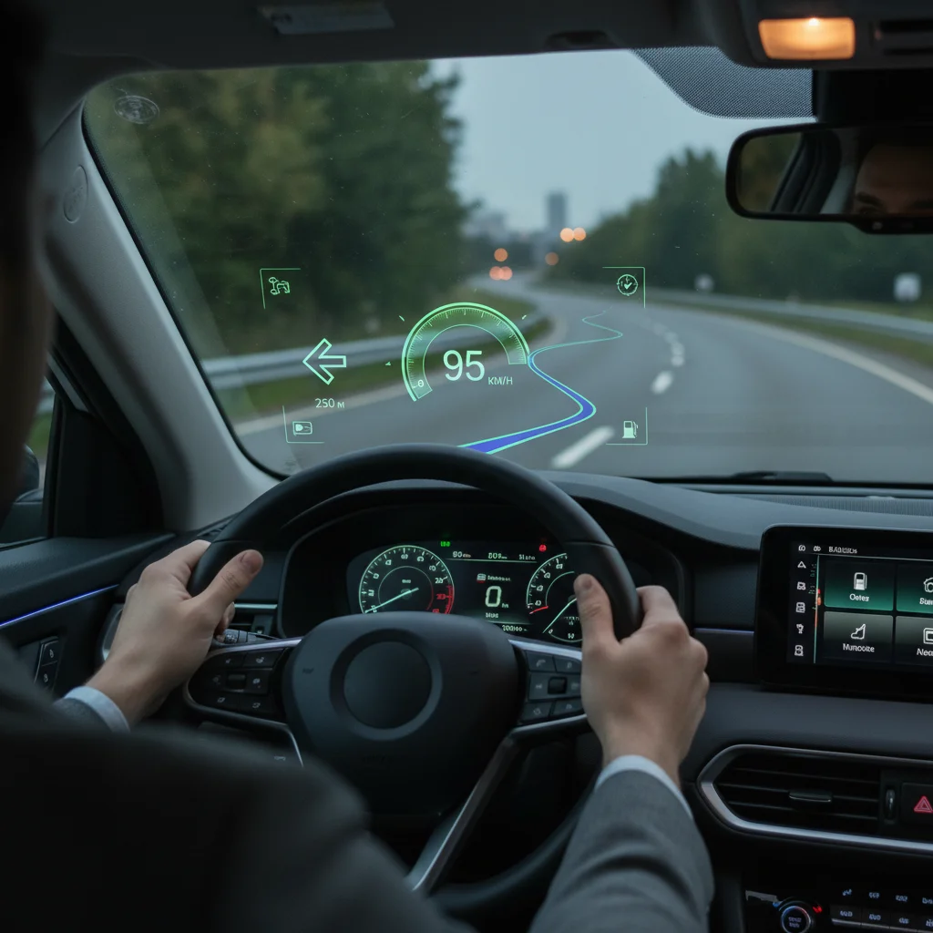 Driver using a head-up display for navigation and speed, improving driving safety and focus.