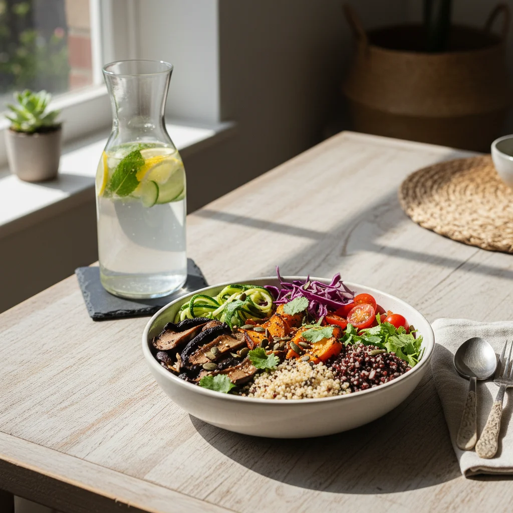 Nutritious plant-based meal and infused water for wellness
