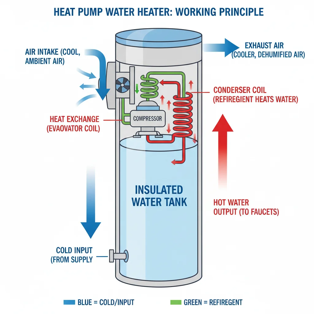 Diagram explaining how a heat pump water heater works