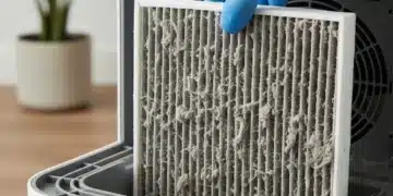 Close-up of a dirty HEPA filter being replaced in an air purifier