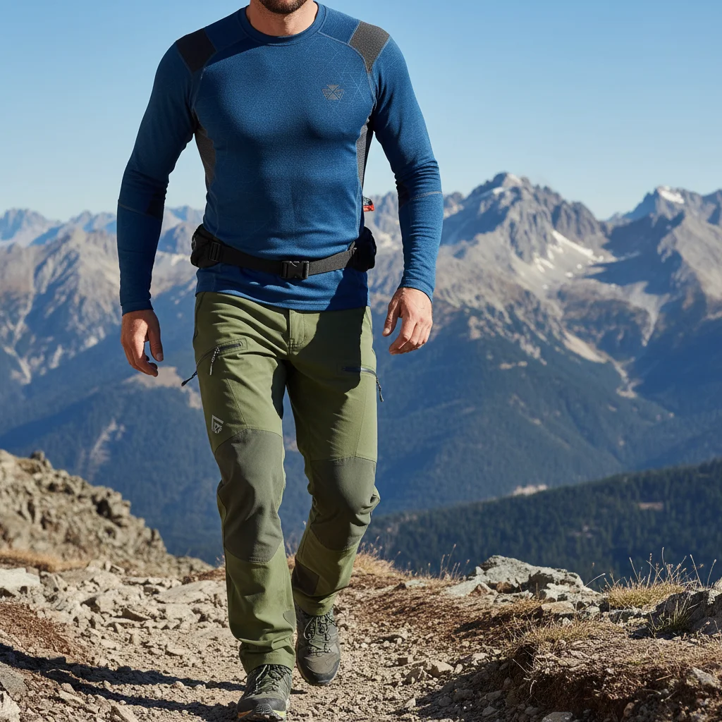 Hiker wearing high-performance apparel on rocky mountain trail