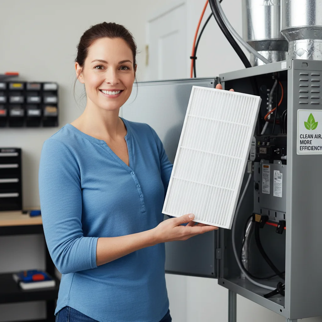 Homeowner inspecting a clean HVAC filter.