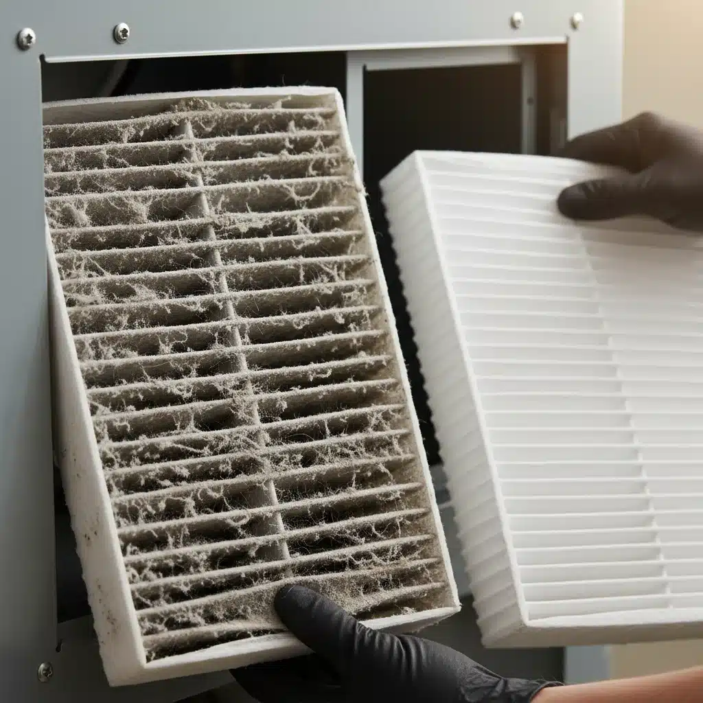HVAC technician replacing a dirty air filter with a new one, emphasizing air filtration importance.