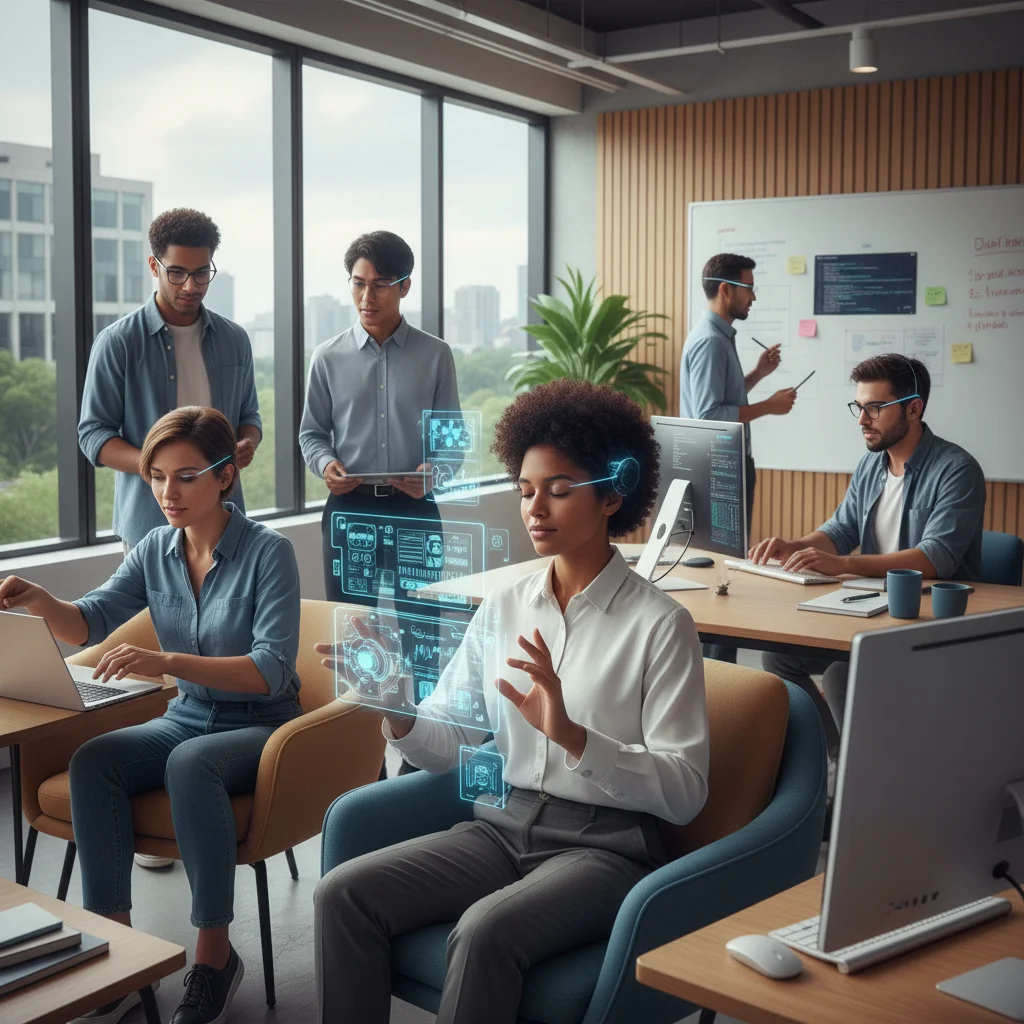 Diverse group collaborating with neural interfaces in a modern office.