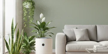 Lush indoor plants and modern air purifier in a bright living room, symbolizing improved indoor air quality.