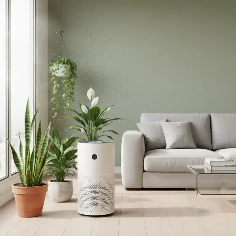 Lush indoor plants and modern air purifier in a bright living room, symbolizing improved indoor air quality.