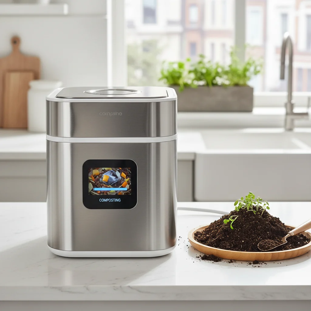 Compact indoor smart composter on a kitchen counter