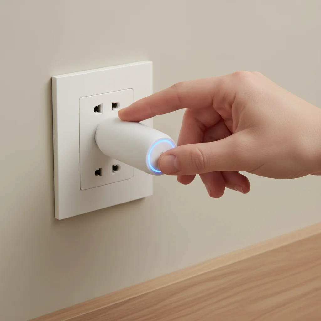 Person installing a smart plug for home automation.