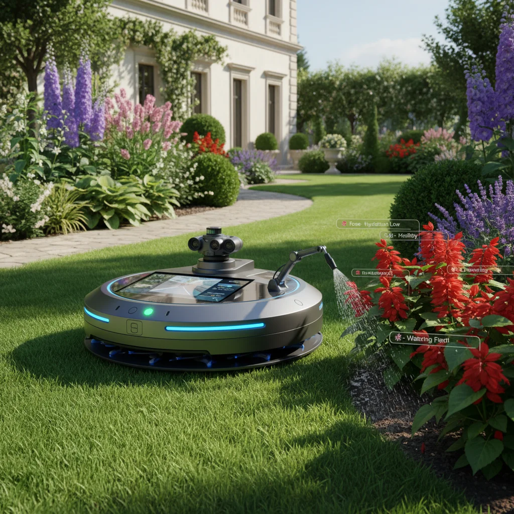 Intelligent garden maintenance robot autonomously mowing and watering plants in a lush garden.