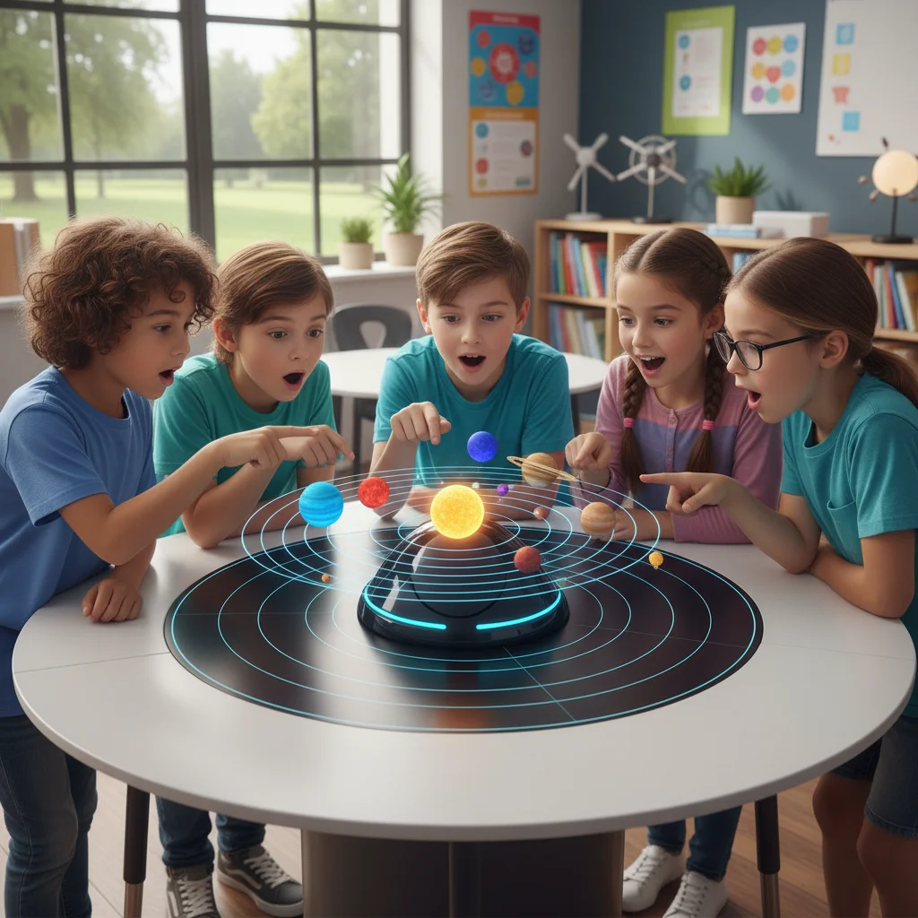 Children marveling at an interactive holographic solar system display from a STEM device.