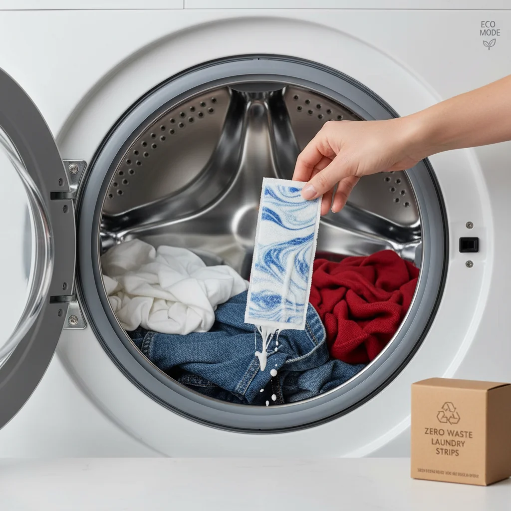 Laundry detergent strip dissolving in a washing machine with clothes.