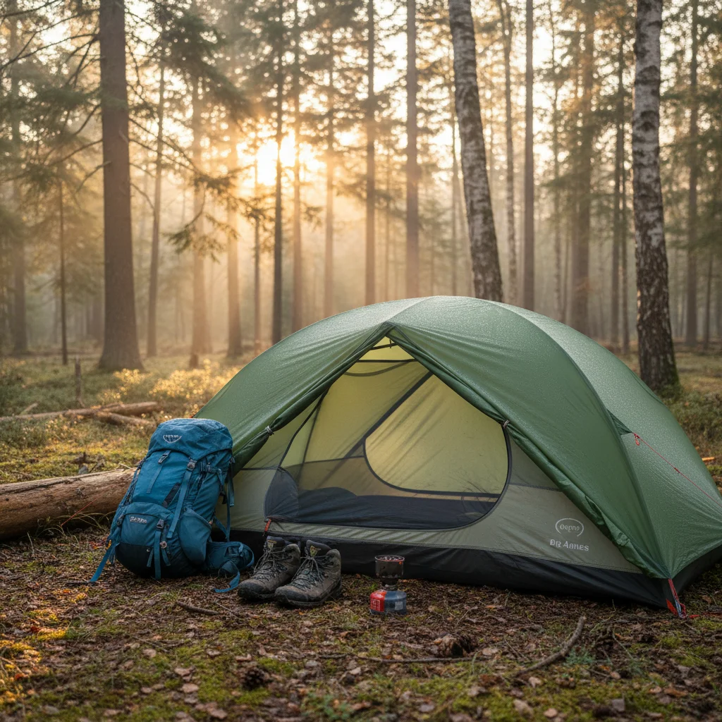 Lightweight backpacking tent in forest clearing at dawn