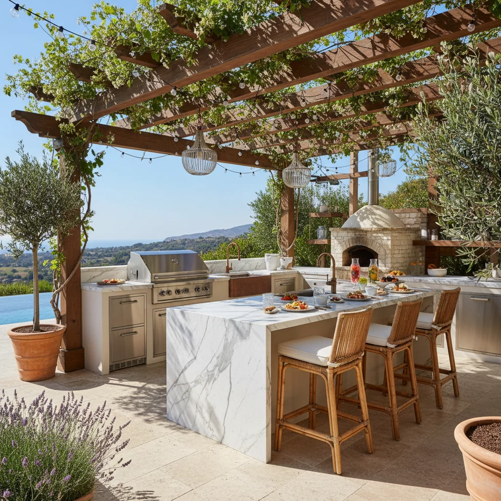 Luxury outdoor kitchen with grill and bar for entertaining
