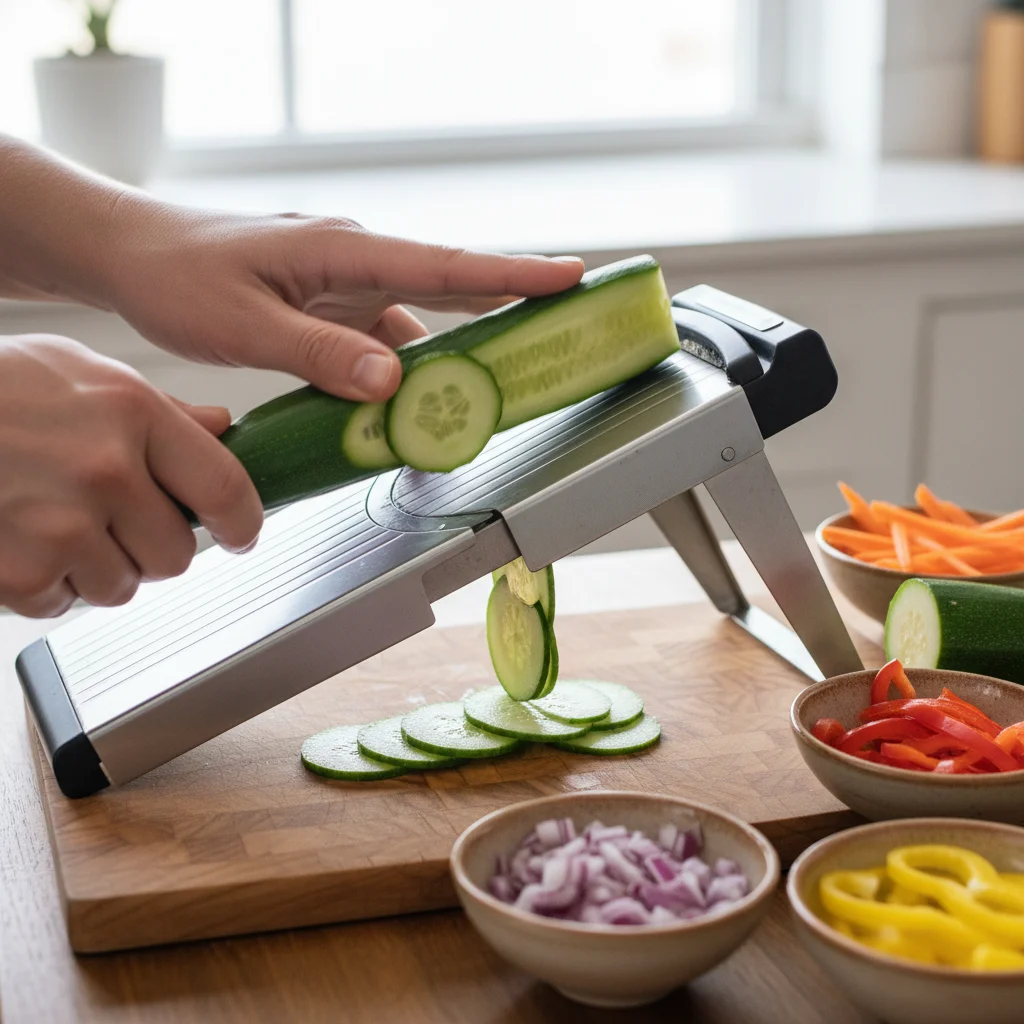 Mandoline slicer efficiently cutting vegetables for meal preparation.
