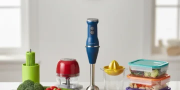 Seven affordable kitchen gadgets for efficient meal prep on a clean counter with fresh produce.