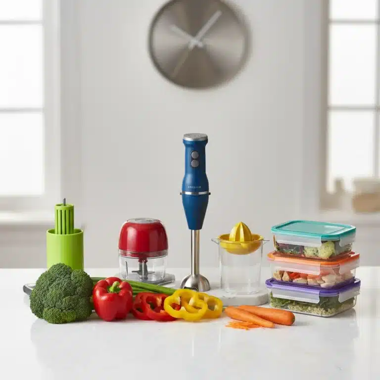 Seven affordable kitchen gadgets for efficient meal prep on a clean counter with fresh produce.