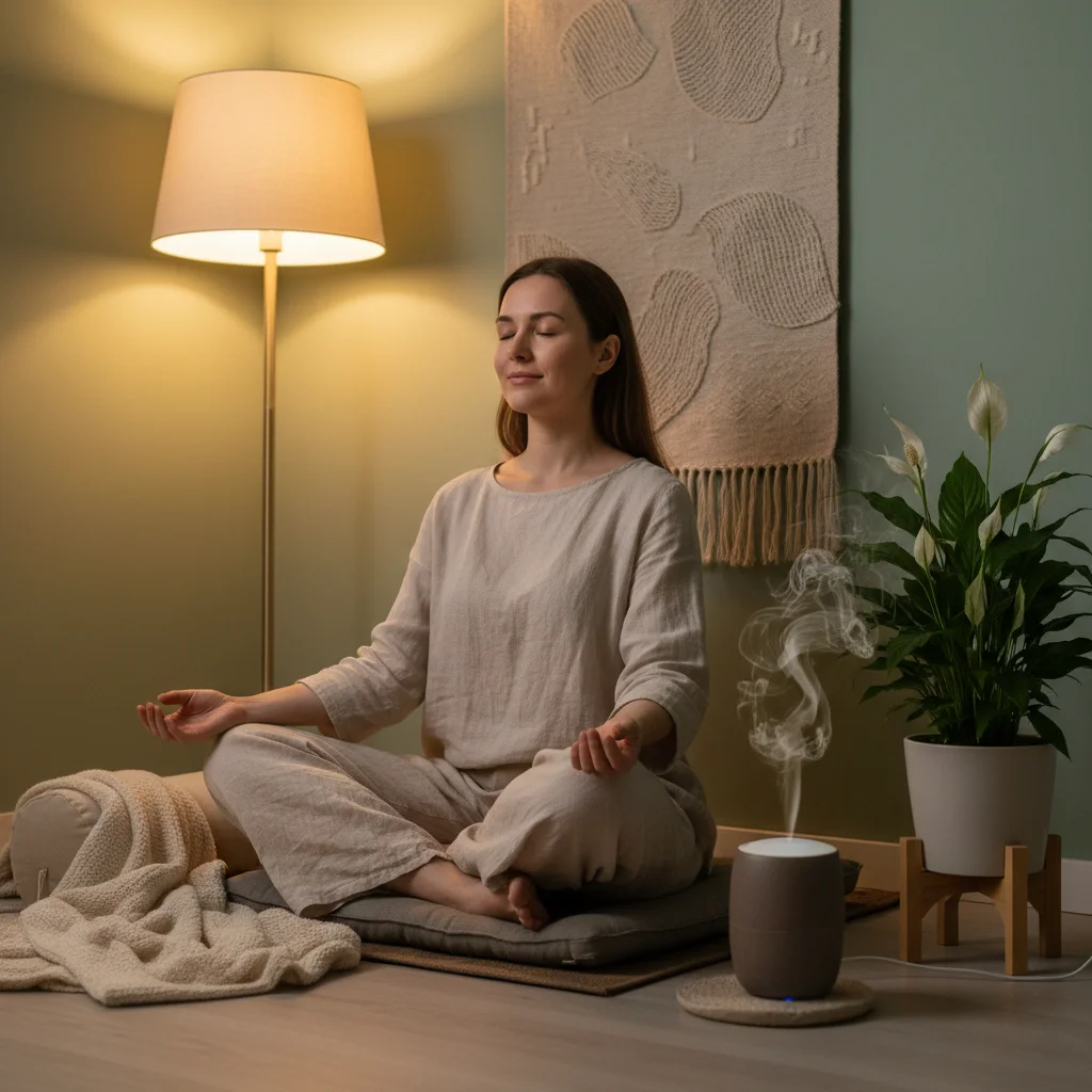 Person meditating with aromatherapy diffuser in home wellness corner