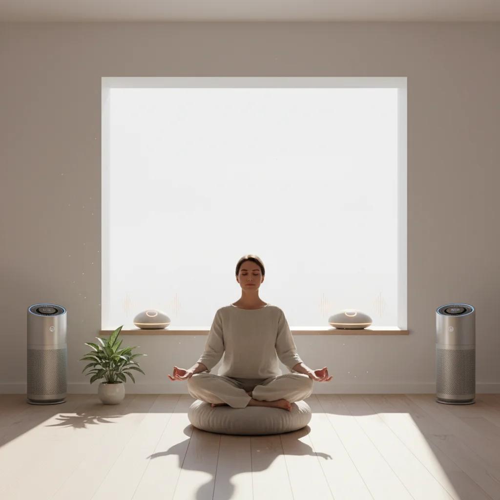 Person meditating with advanced air purification and sound therapy devices
