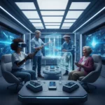 Metaverse Hardware Impact: US Consumer Outlook by 2027 US consumers experiencing metaverse hardware devices in a futuristic setting.
