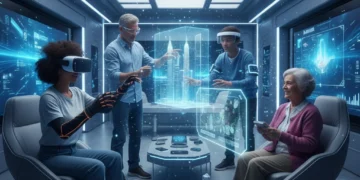 Metaverse Hardware Impact: US Consumer Outlook by 2027 US consumers experiencing metaverse hardware devices in a futuristic setting.