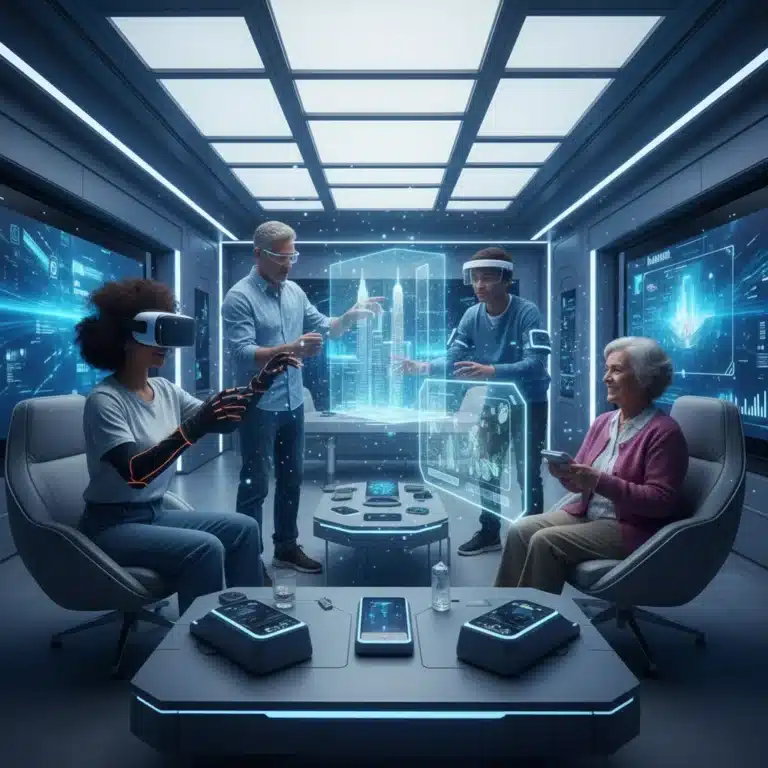 US consumers experiencing metaverse hardware devices in a futuristic setting.