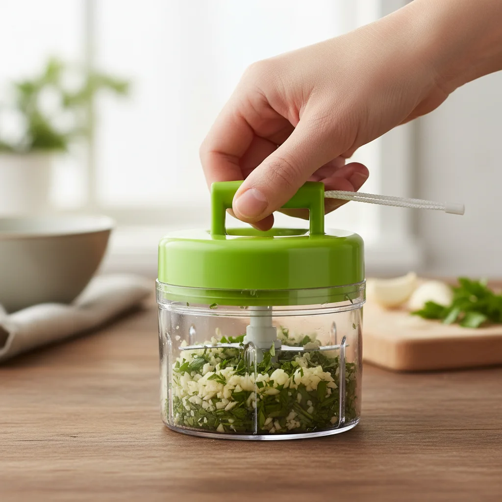 Mini food chopper finely dicing garlic and herbs for quick meal prep.