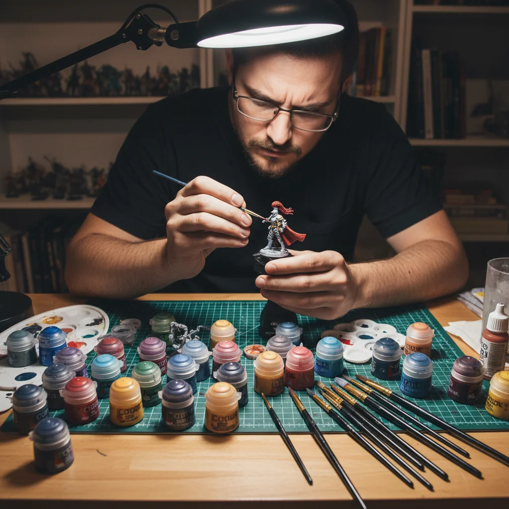 Close-up of hands painting a miniature figurine with fine brushes.