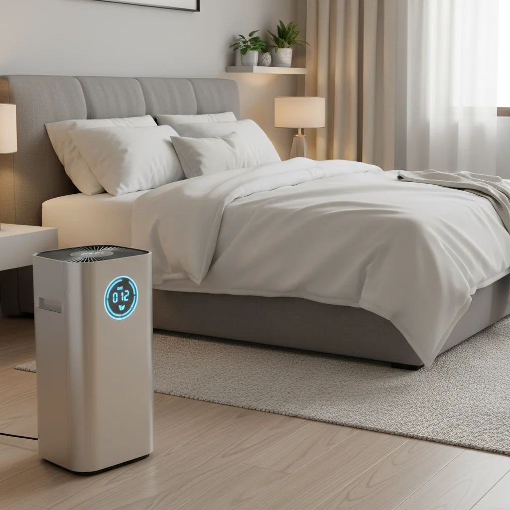 Modern air purifier with digital display in a bedroom, promoting clean air and restful sleep.