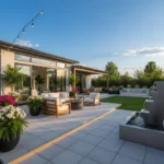 Modern backyard oasis with patio, lush plants, and water feature.