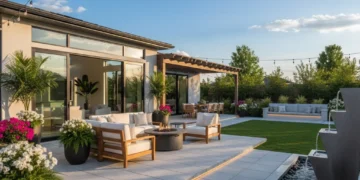 Modern backyard oasis with patio, lush plants, and water feature.