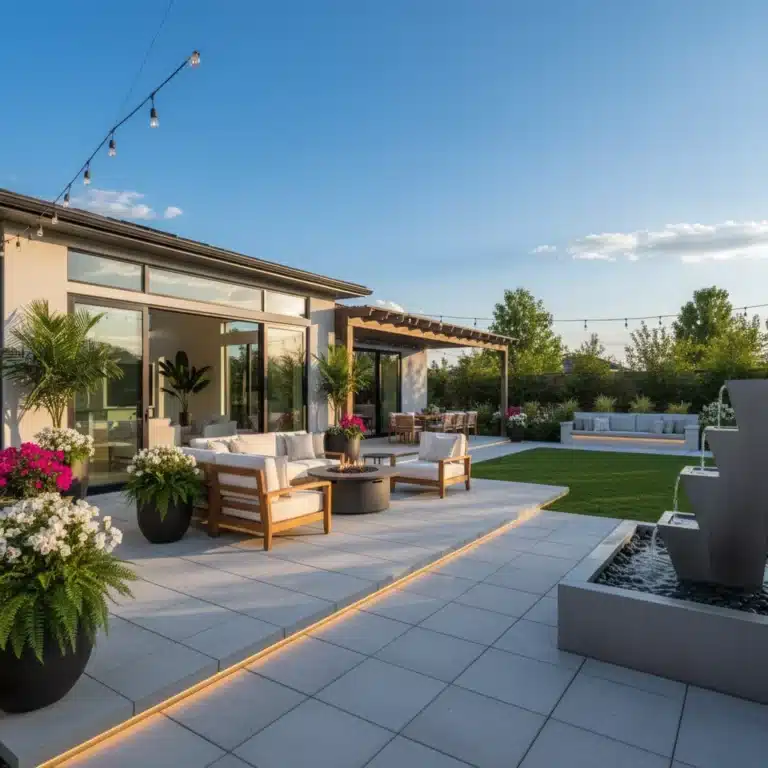 Modern backyard oasis with patio, lush plants, and water feature.