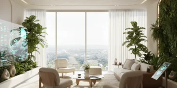Modern living room with biophilic design and smart home integration