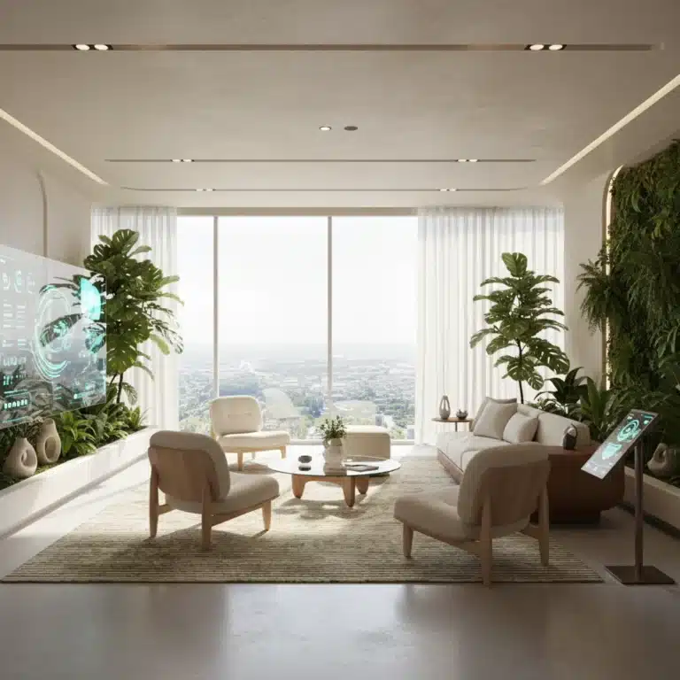 Modern living room with biophilic design and smart home integration