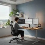 Modern home office setup with ergonomic chair and standing desk for productivity