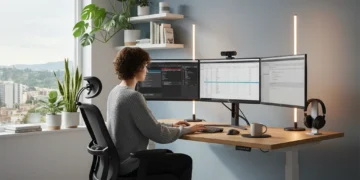 Modern home office setup with ergonomic chair and standing desk for productivity