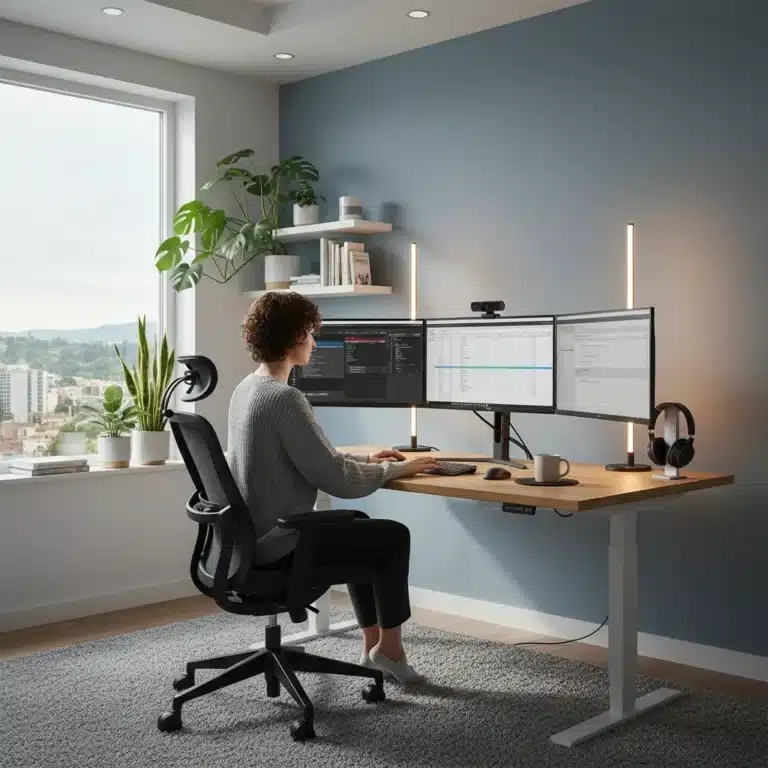 Modern home office setup with ergonomic chair and standing desk for productivity