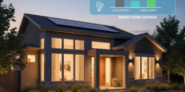 Modern home with smart technology indicating 15% utility bill reduction by 2026.