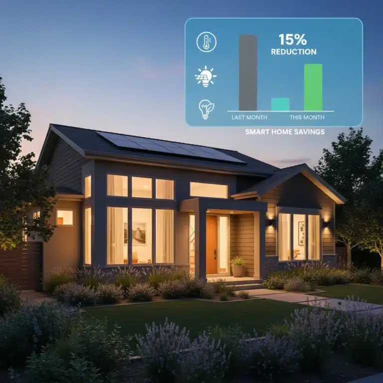 Modern home with smart technology indicating 15% utility bill reduction by 2026.