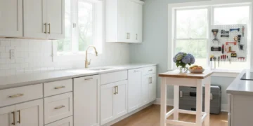 Modern kitchen after DIY renovation with white cabinets and new hardware
