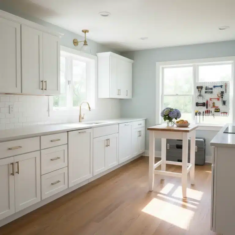 Modern kitchen after DIY renovation with white cabinets and new hardware