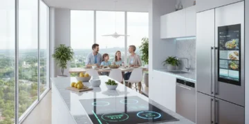 Modern kitchen with energy-efficient appliances, family saving energy