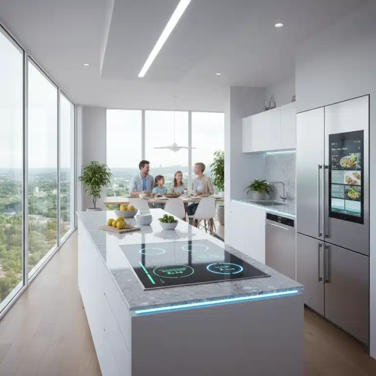 Modern kitchen with energy-efficient appliances, family saving energy
