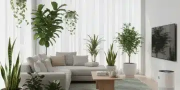 Modern living room with air purifier and plants, symbolizing improved indoor air quality and a healthy home.
