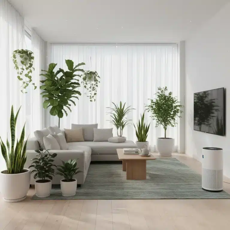 Modern living room with air purifier and plants, symbolizing improved indoor air quality and a healthy home.