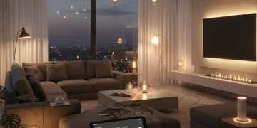 Modern living room with smart LED lighting and smart home control