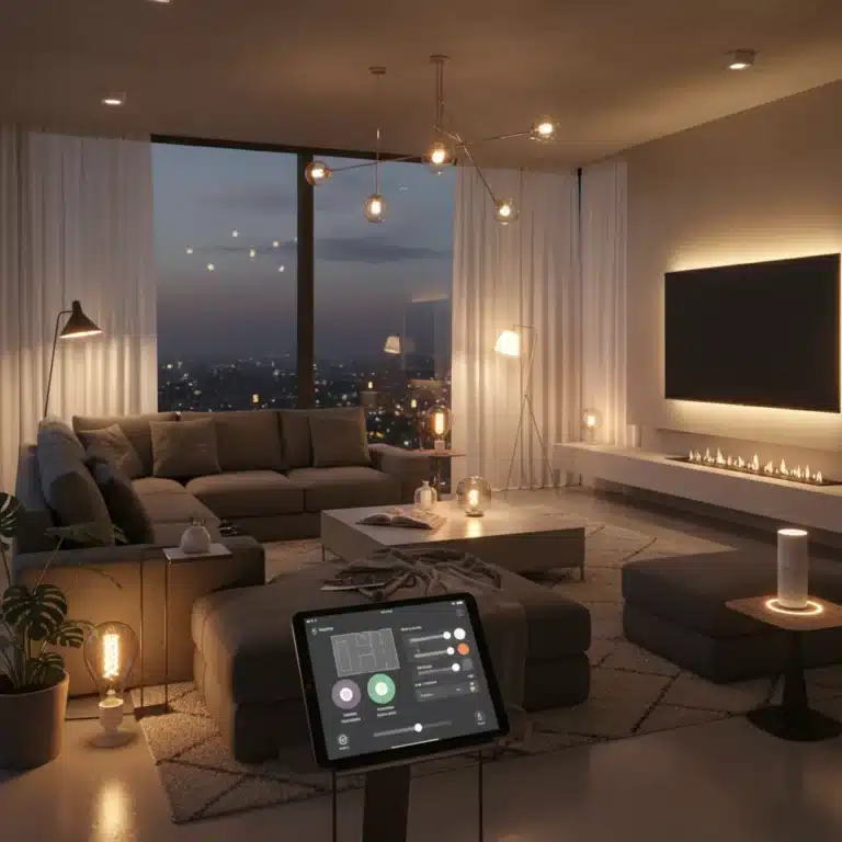 Modern living room with smart LED lighting and smart home control