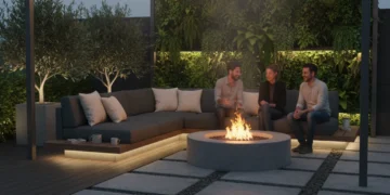 Modern outdoor living area with fire pit and comfortable seating