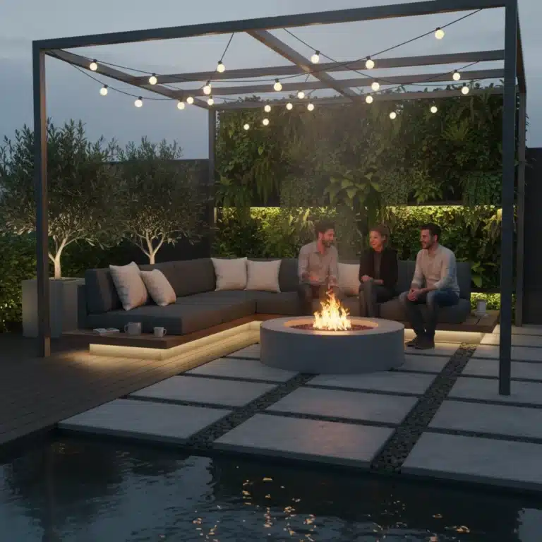 Modern outdoor living area with fire pit and comfortable seating