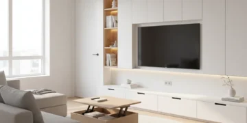 Modern living room with efficient small space storage solutions